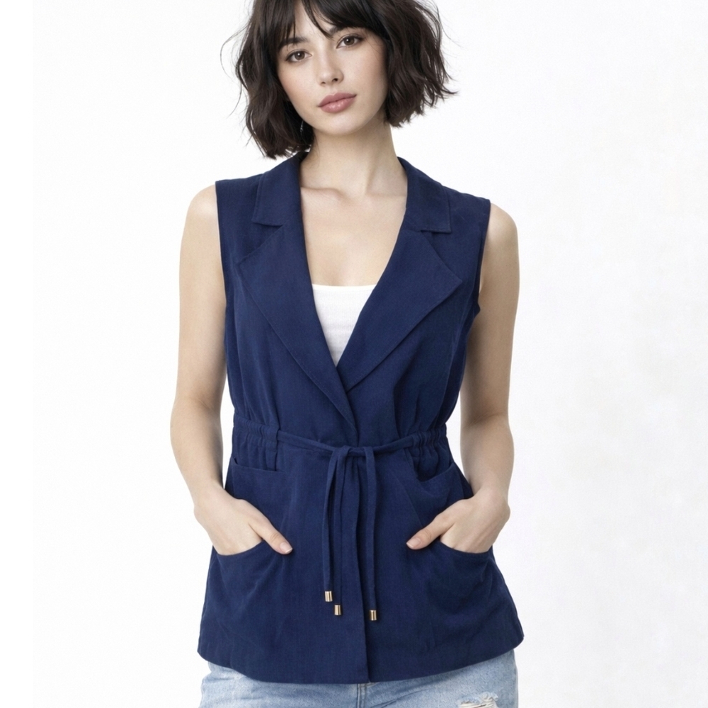 P. Cill Navy Hooded Utility Vest Tie Waist Sleeveless Jacket Safari M